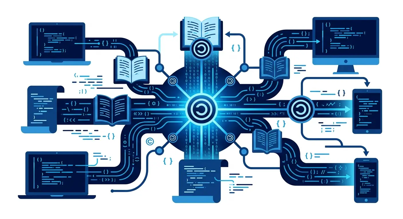 Open source code flowing over a network to users with a copyleft symbol, illustrating AGPL source disclosure for SaaS. Aber Law Firm.