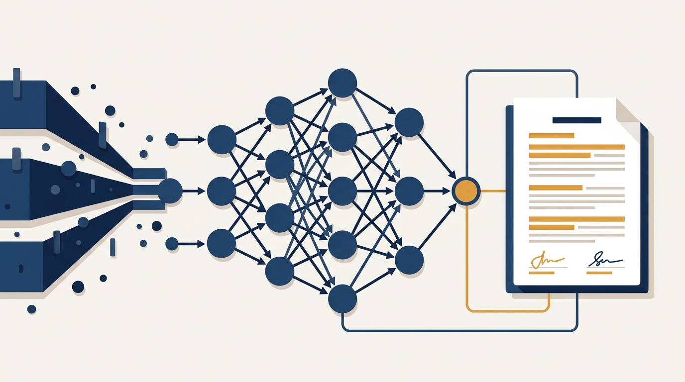 A trained machine-learning model node graph with data flowing in and a contract beside it, illustrating rights to an AI model. Aber Law Firm, software vendor attorney.