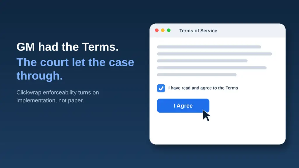 Clickwrap I Agree consent screen illustrating that enforceability turns on implementation, Aber Law Firm