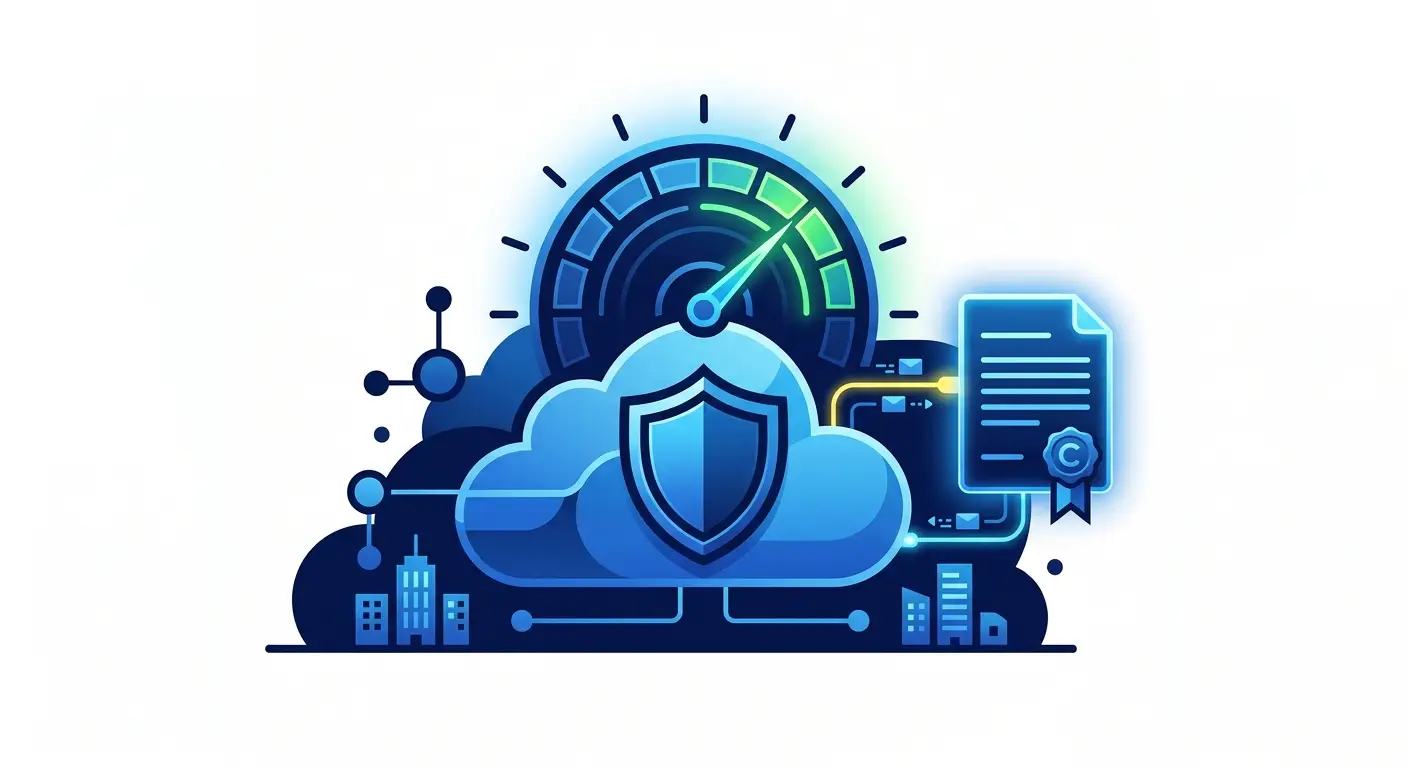 A cloud platform linked to a contract with shield and uptime gauge, illustrating drafting a cloud services agreement. Aber Law Firm.