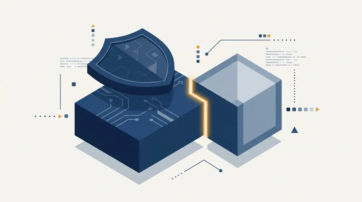 A vendor software block joined to a separate customer technology block with a protective shield carved out at the join, illustrating the combination exception to an infringement indemnity. Aber Law Firm.