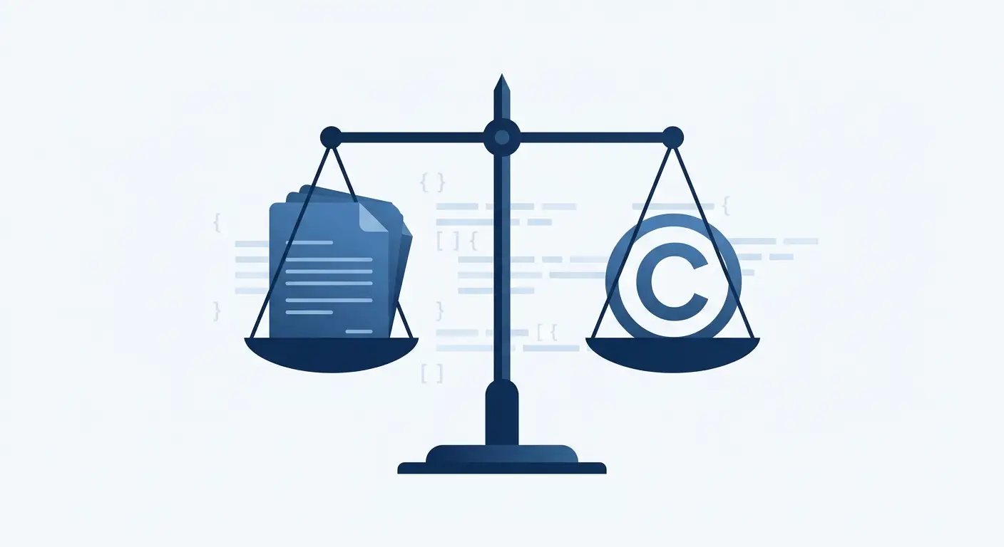 A balanced scale weighing a contract against a copyright symbol over software code, illustrating contract vs copyright protection. Aber Law Firm.