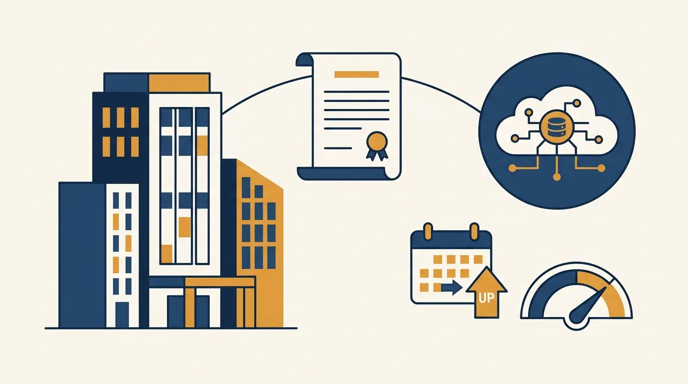 An enterprise building linked to a SaaS cloud by a contract with upfront-payment and capacity icons, illustrating an enterprise SaaS agreement. Aber Law Firm.