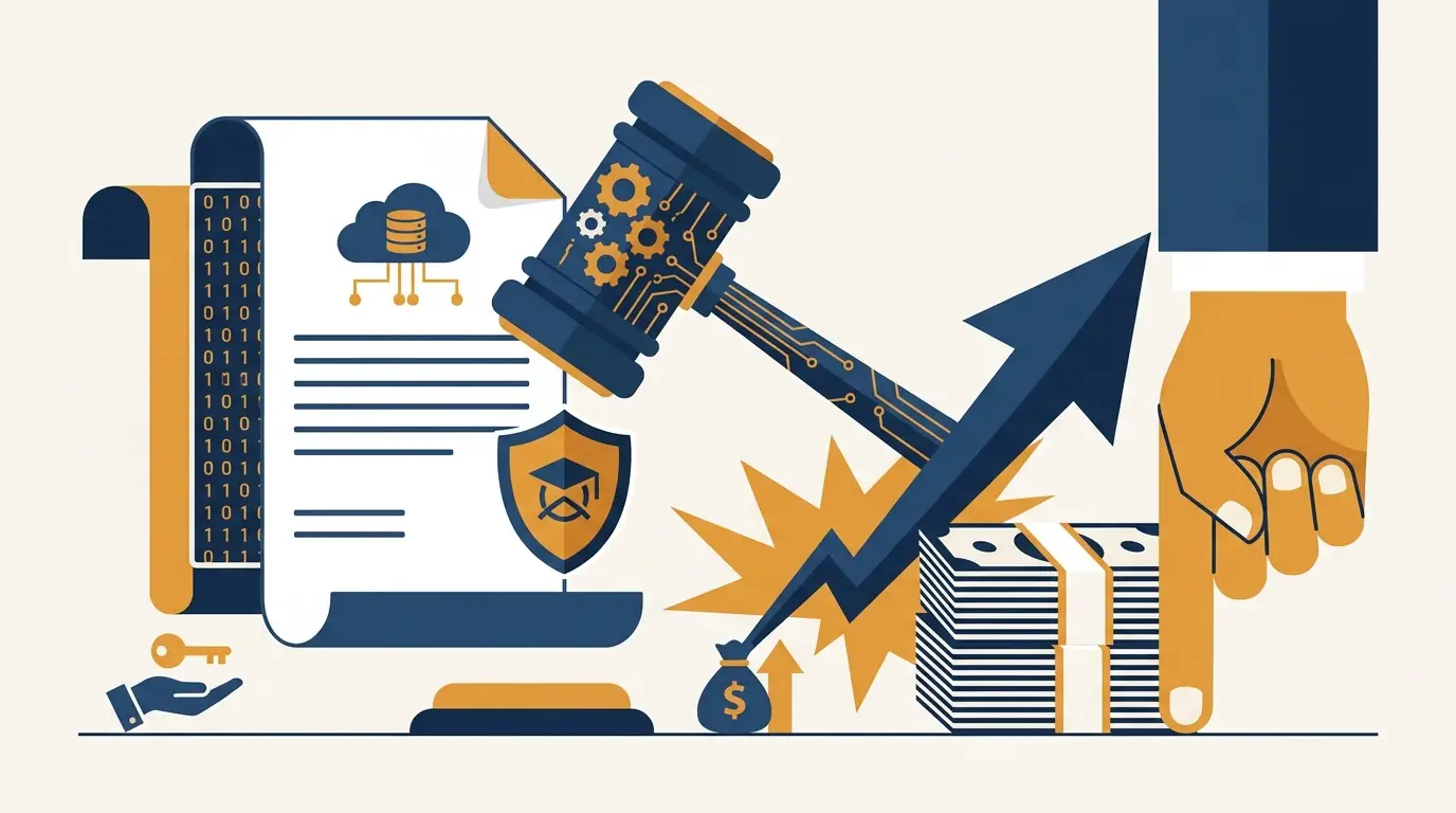 EULA enforceability limits: a liability-cap shield with a gavel coming down past it. Aber Law Firm.