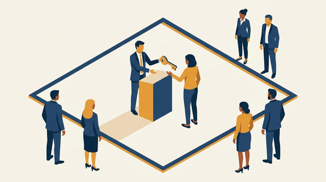 A single key handed to one licensee inside a bounded territory while others stand outside, illustrating an exclusive software license. Aber Law Firm.