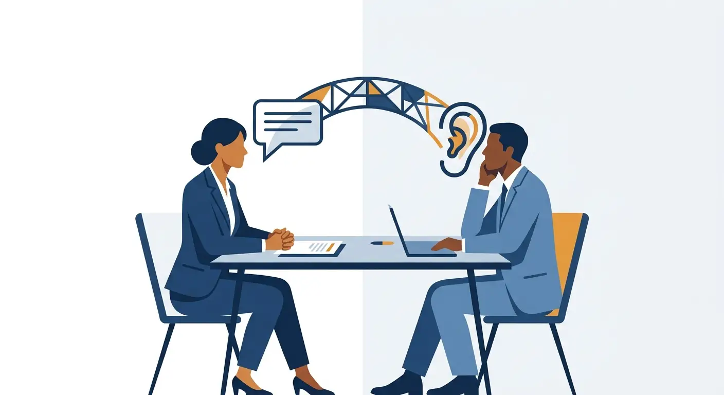 Two parties negotiating across a table with a speech bubble, illustrating FBI rapport tactics applied to software customer deals. Aber Law Firm, SaaS vendor attorney.