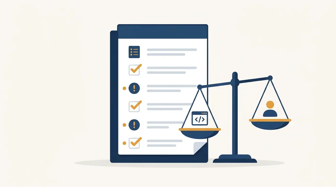 A licensing bill-of-rights checklist beside a balance scale weighing vendor against buyer, illustrating Forrester's Software Licensee Bill of Rights from the vendor side. Aber Law Firm.