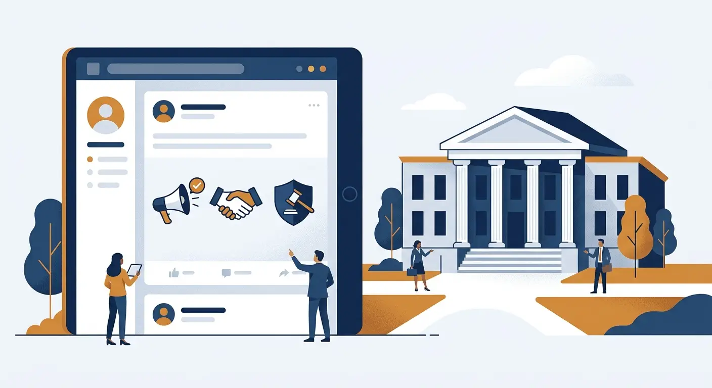 A sponsored social-media endorsement post beside a government building and a disclosure badge, illustrating the FTC Endorsement Guides. Aber Law Firm, SaaS vendor attorney.