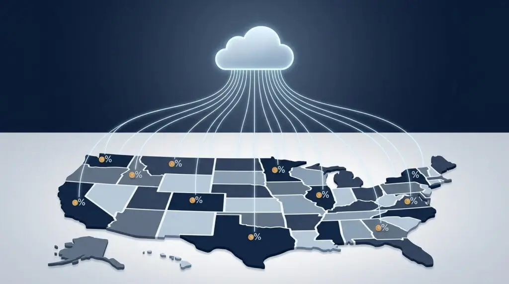 Sales tax on SaaS across many states, a cloud connected to a US map with tax markers, Aber Law Firm