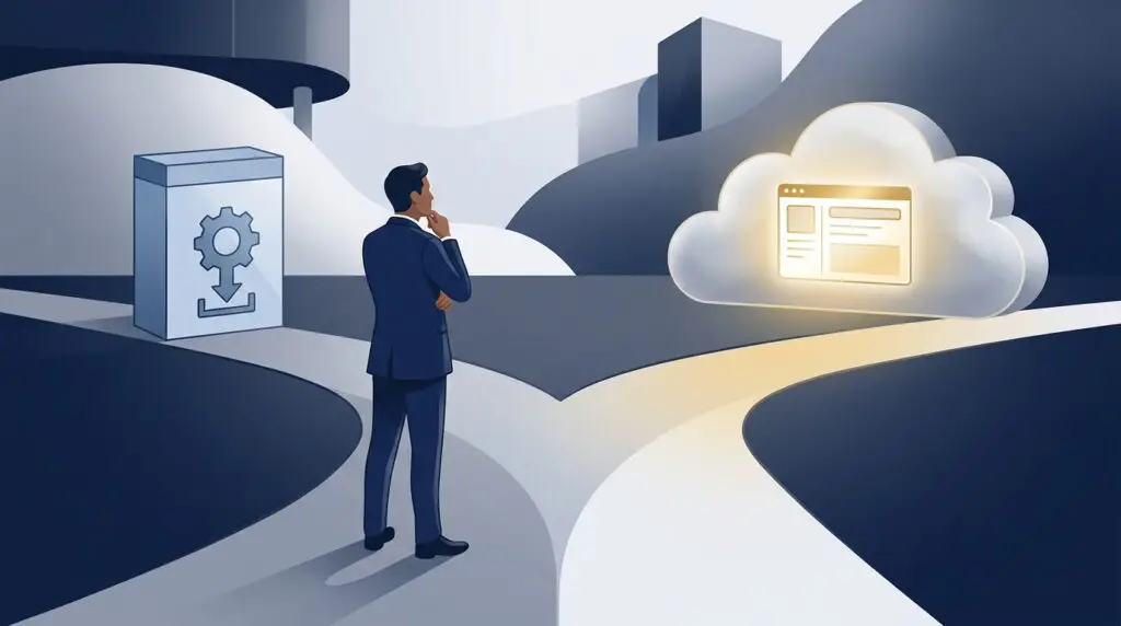 Choosing between a SaaS subscription agreement and a software EULA, a vendor at a fork between a downloaded installer and a cloud app, Aber Law Firm