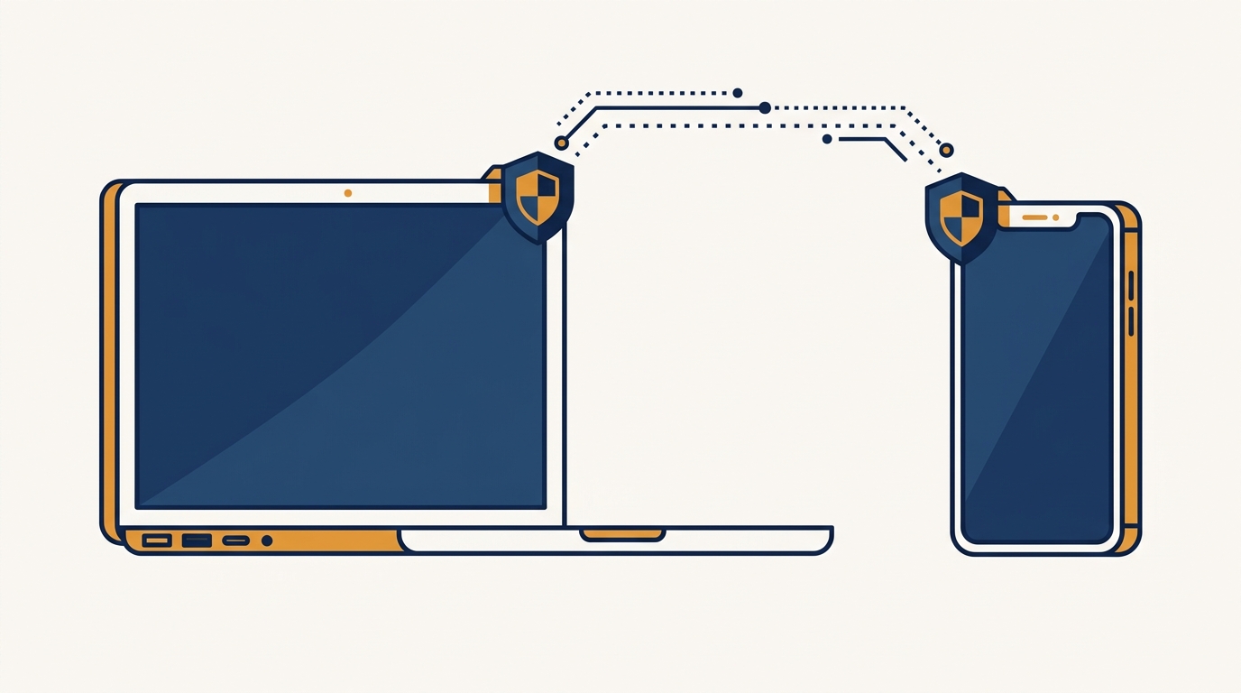 A laptop and phone tagged with a persistent identifier and a privacy shield, illustrating device-level tracking and SaaS privacy. Aber Law Firm.