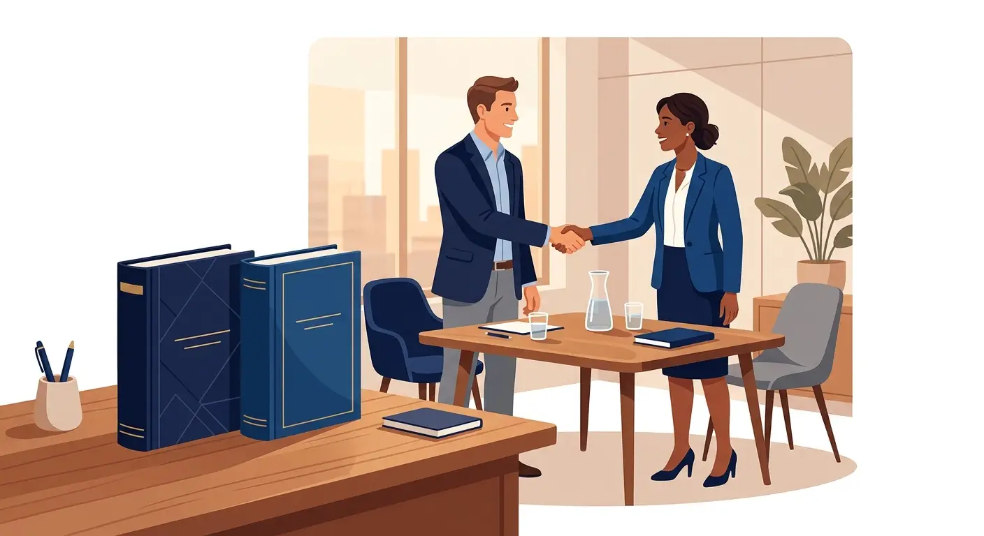 Two negotiation books beside a handshake, representing software deal negotiation skills. Aber Law Firm, SaaS vendor attorney.