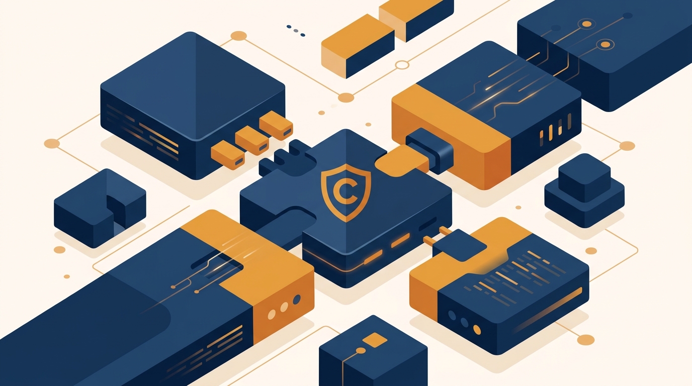 Interlocking API building blocks under a copyright shield, illustrating that API structure can carry copyright. Aber Law Firm, software vendor attorney.
