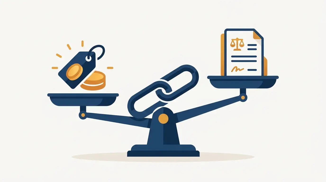 A balance scale with a price coin and a contract joined by a chain link, illustrating keeping price and terms linked in a SaaS negotiation. Aber Law Firm.
