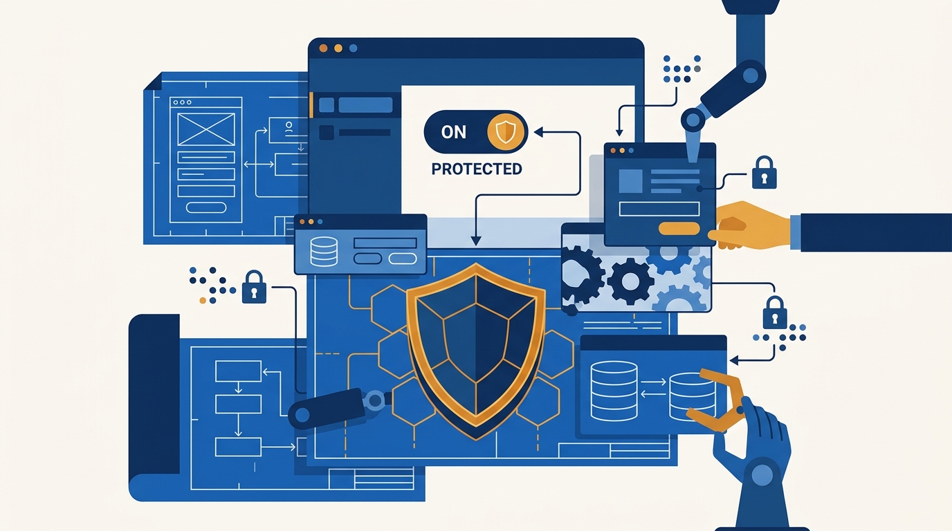 A software application built from blueprints with a privacy shield in its foundation and a default toggle set to protected, illustrating privacy by design and by default. Aber Law Firm.
