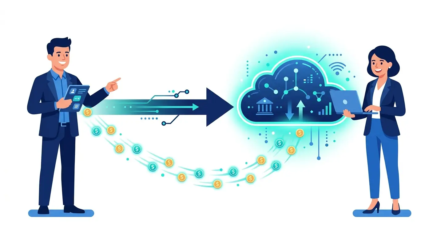 A referral arrow connecting partners to a software cloud with a commission coin, illustrating a software referral agreement. Aber Law Firm.