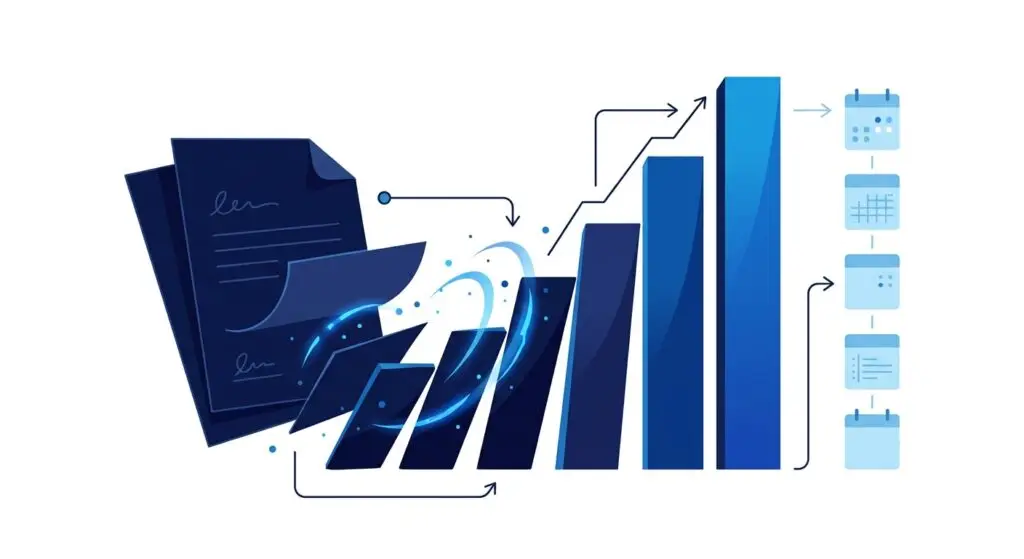 A contract turning into an upward revenue chart with a calendar, illustrating SaaS revenue recognition timing. Aber Law Firm.