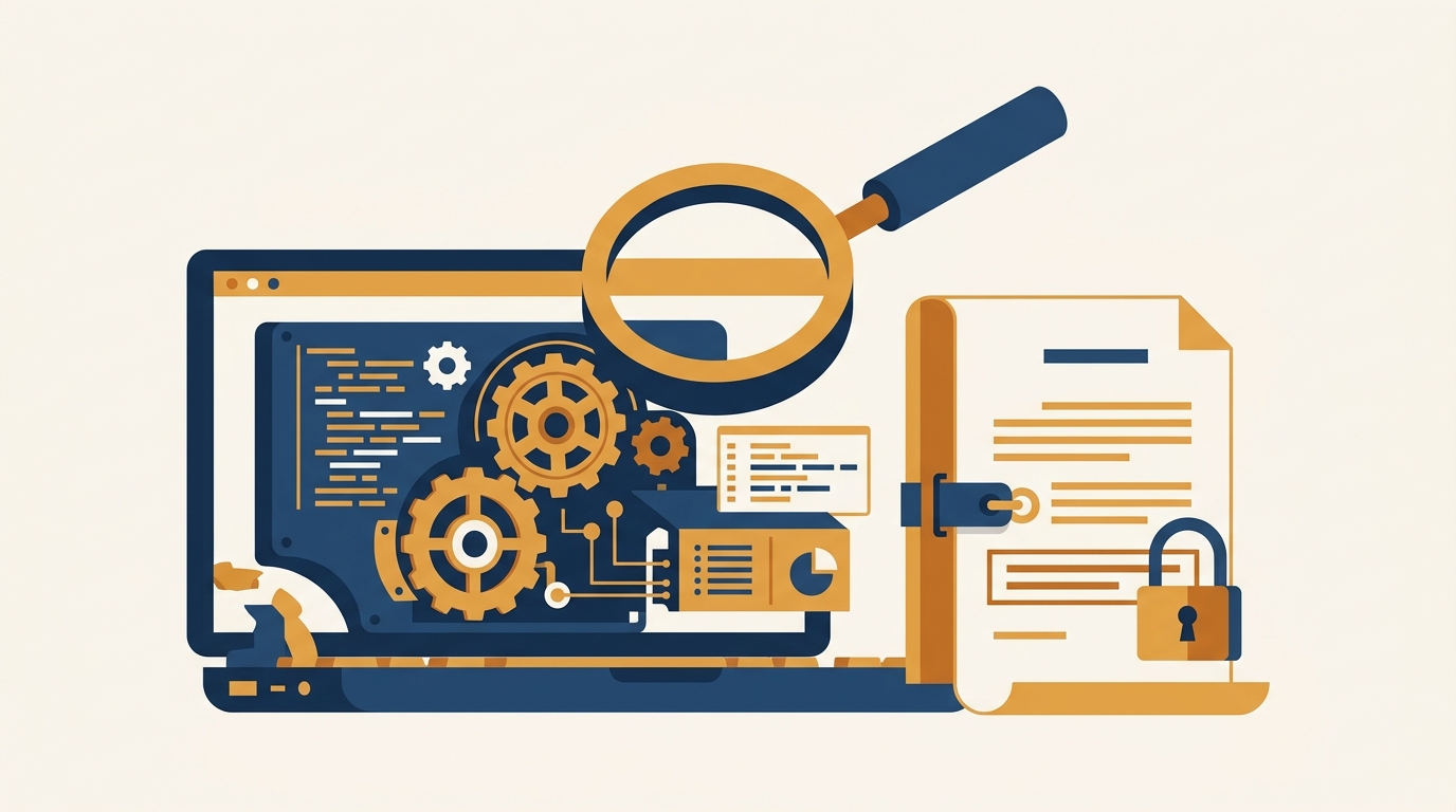 Software opened to expose its gears under a magnifying glass with a contract lock beside it, illustrating reverse engineering and the contract clause that restricts it. Aber Law Firm.