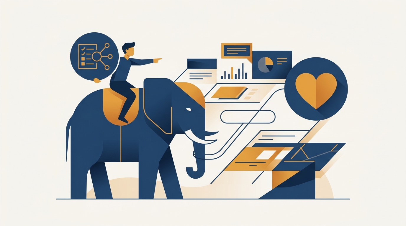 A rider on an elephant at a negotiation table holding logic and trust icons, illustrating logical versus emotional SaaS negotiation. Aber Law Firm.