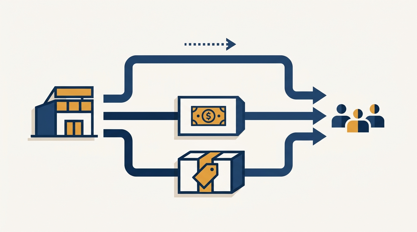 Three routes from a software vendor to a customer, direct referral, reseller, and OEM, illustrating SaaS channel models. Aber Law Firm, SaaS vendor attorney.