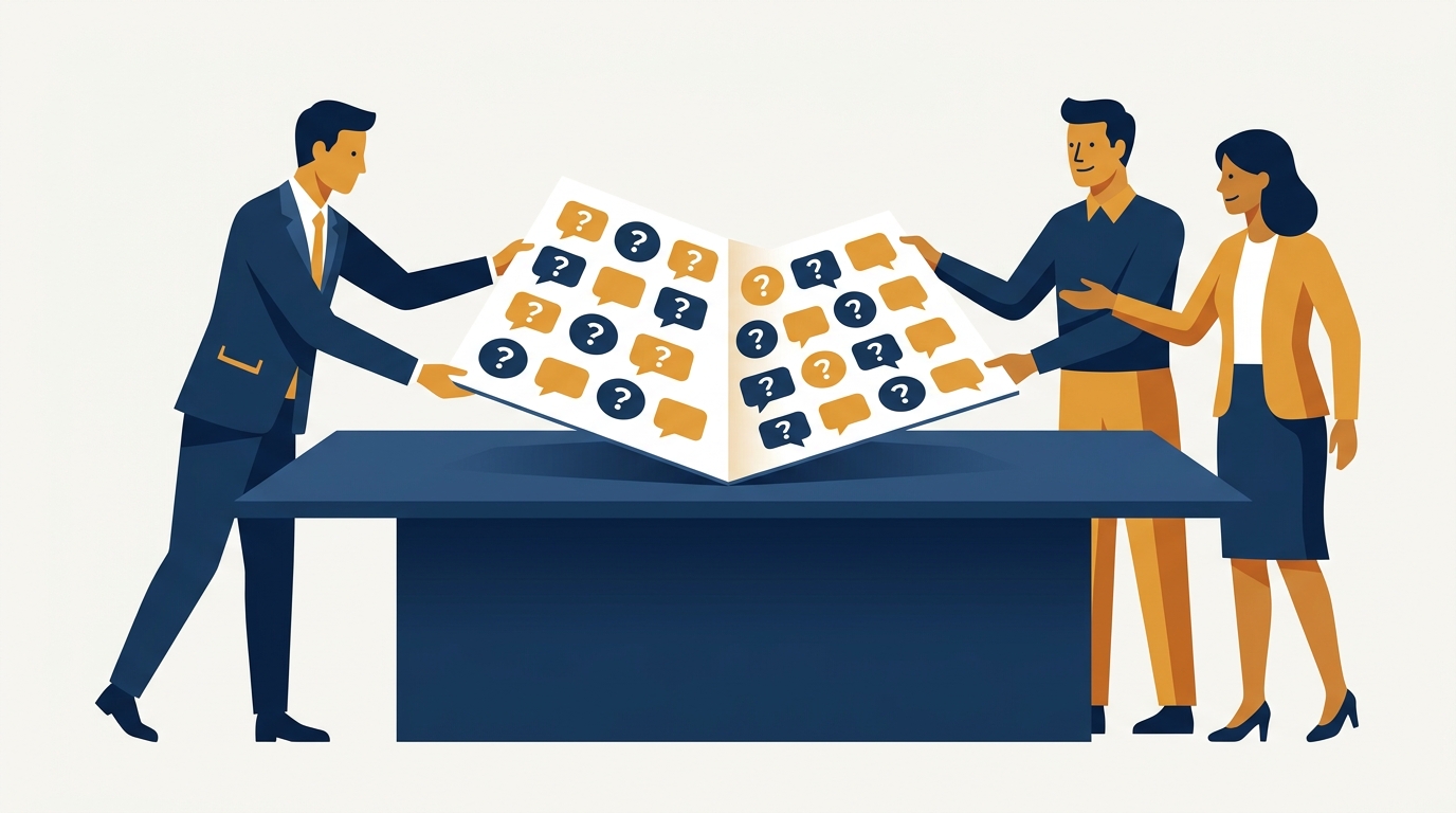 A document covered in question and answer icons handed across a table to procurement and legal, illustrating an FAQ in SaaS negotiations. Aber Law Firm.