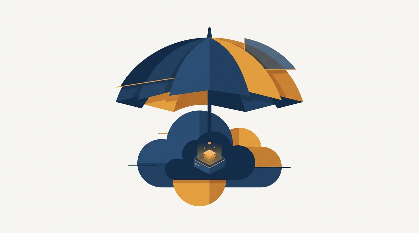 A SaaS cloud platform under a layered umbrella of insurance policies protecting the data beneath, illustrating SaaS technology and cyber insurance. Aber Law Firm.