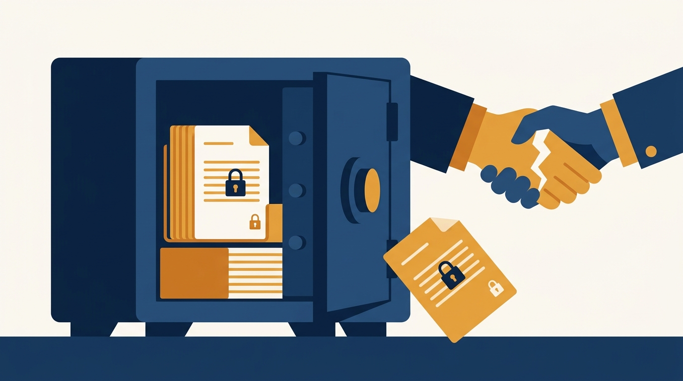 A locked vault of confidential documents with one slipping out past a broken handshake, illustrating a SaaS NDA breach. Aber Law Firm, SaaS vendor attorney.