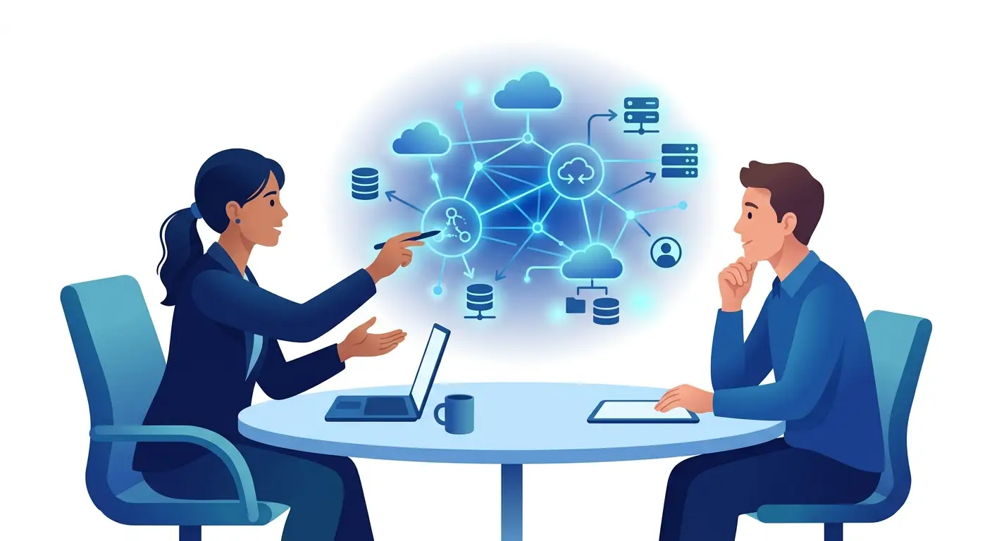 A software vendor explaining a cloud software model to a buyer, illustrating education in SaaS negotiations. Aber Law Firm.
