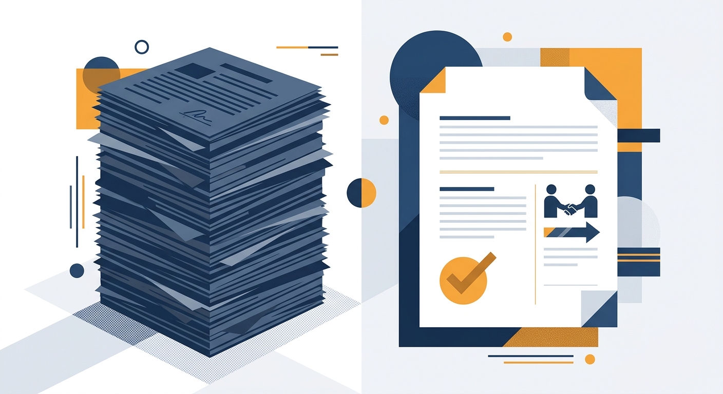A thick formal contract stack beside a clean one-page agreement with a checkmark, on choosing a readable SaaS template. Aber Law Firm, SaaS vendor attorney.