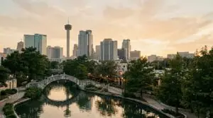 San Antonio skyline with the Tower of the Americas and the River Walk, Aber Law Firm software and SaaS attorney for San Antonio vendors