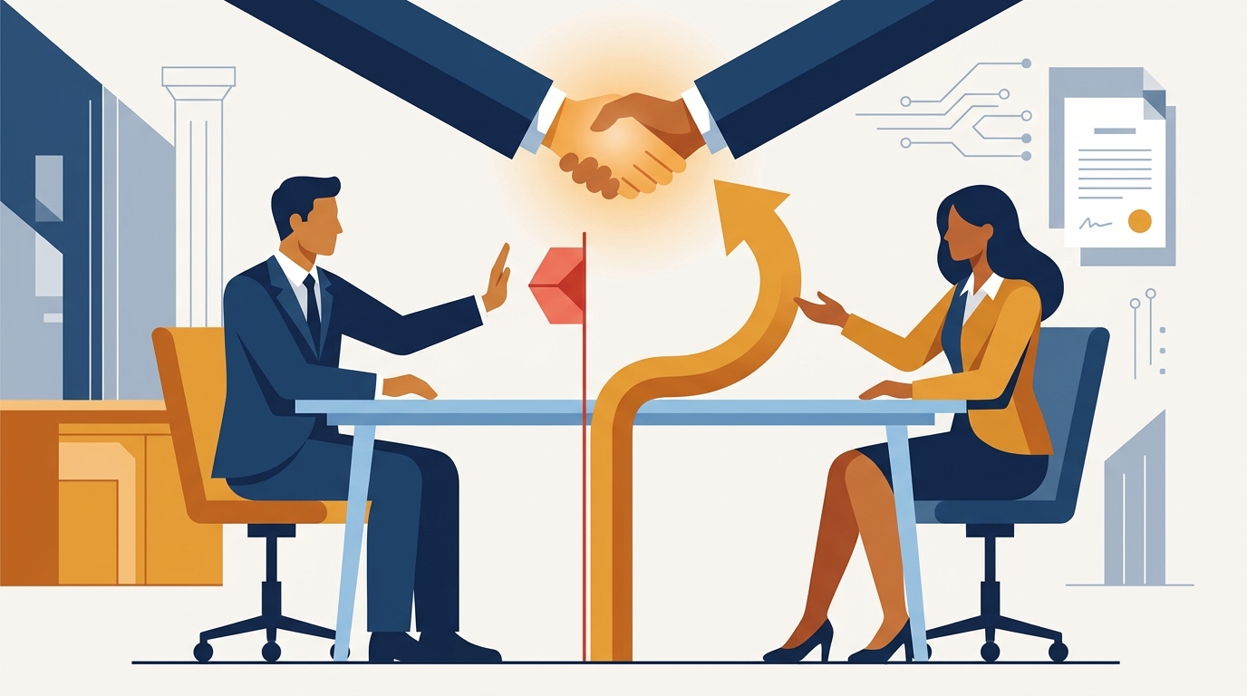 Two negotiators at a table with a boundary line and an arrow bending toward a handshake, illustrating the Yes-No-Yes negotiation move. Aber Law Firm.