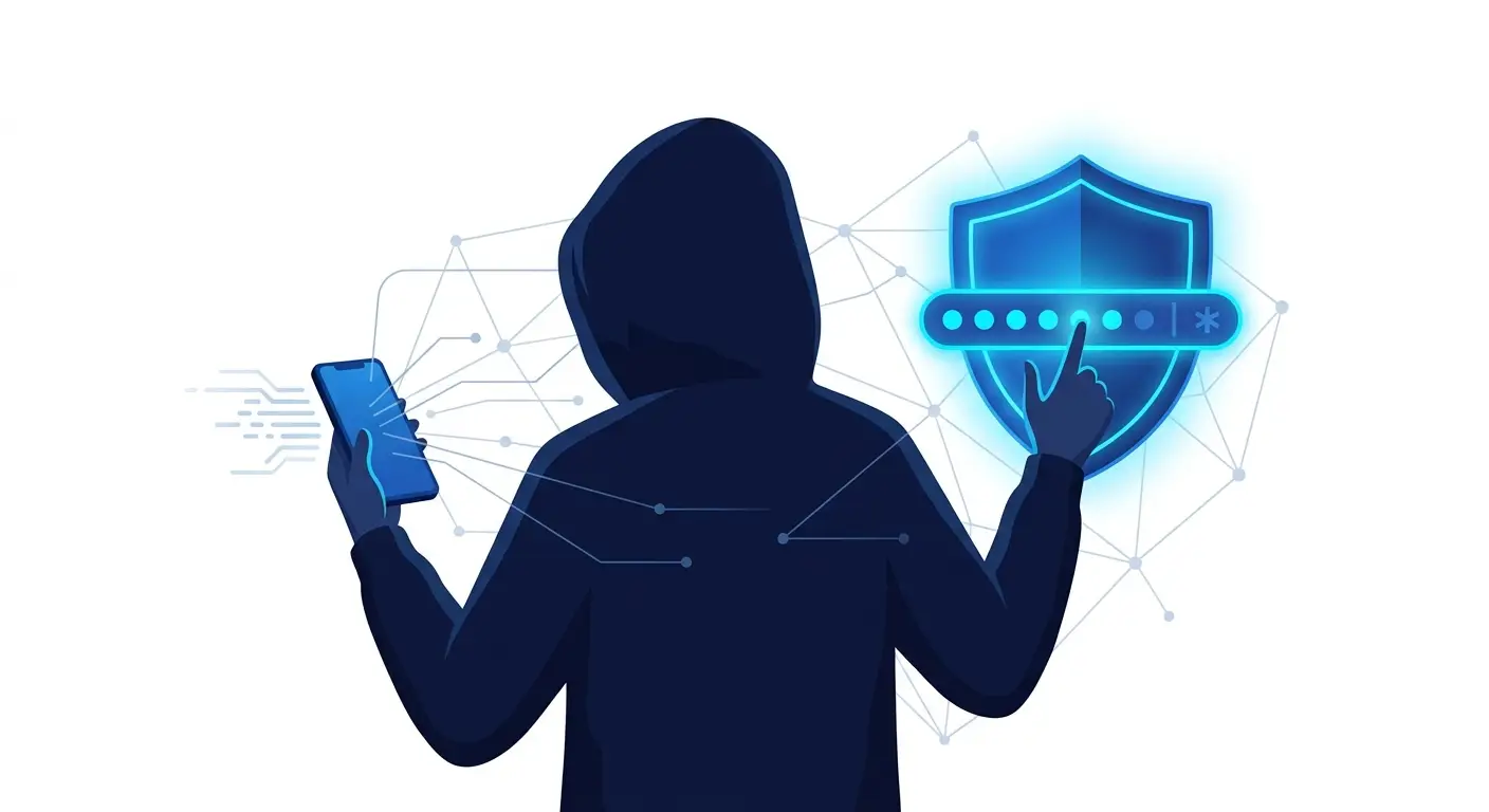 A hooded figure on a phone reaching toward a login shield, illustrating social engineering and the human element in software security. Aber Law Firm.