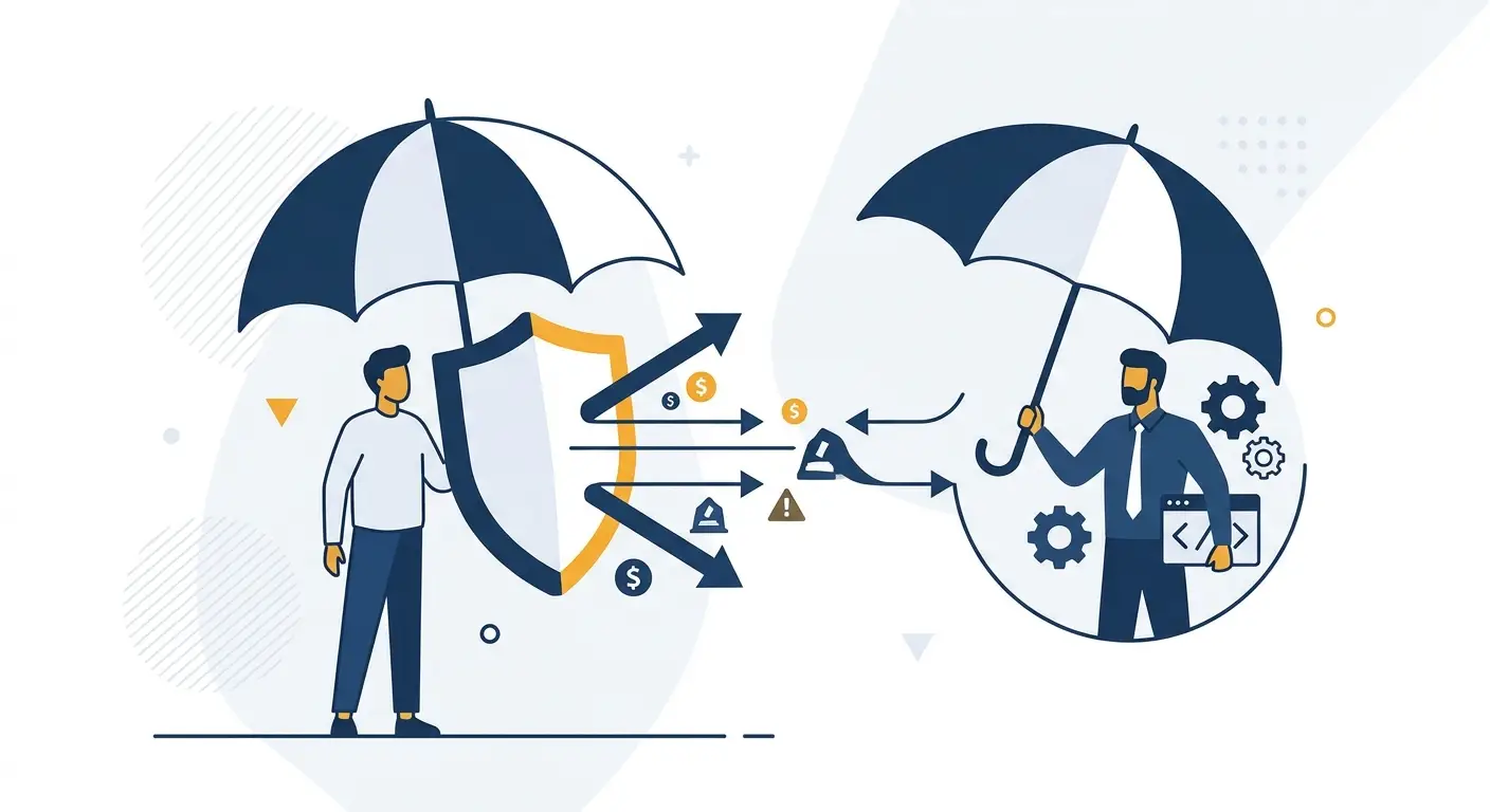 An umbrella shielding a vendor and customer from third-party claim costs, illustrating software indemnity clauses as an insurance policy. Aber Law Firm, SaaS vendor attorney.