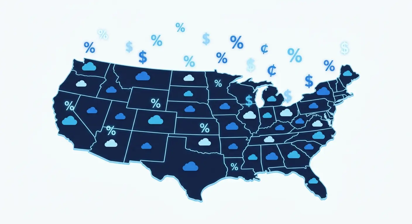 US map with state tax and currency symbols over cloud software icons, illustrating state by state software sales tax. Aber Law Firm.