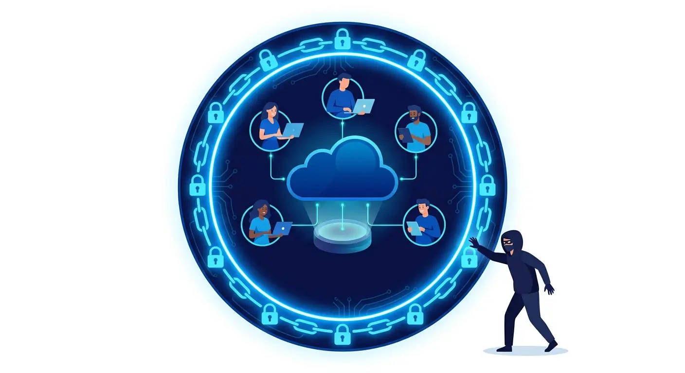 A secured software cloud with authorized users inside and a third party outside seeking access, illustrating third party access vs use. Aber Law Firm.