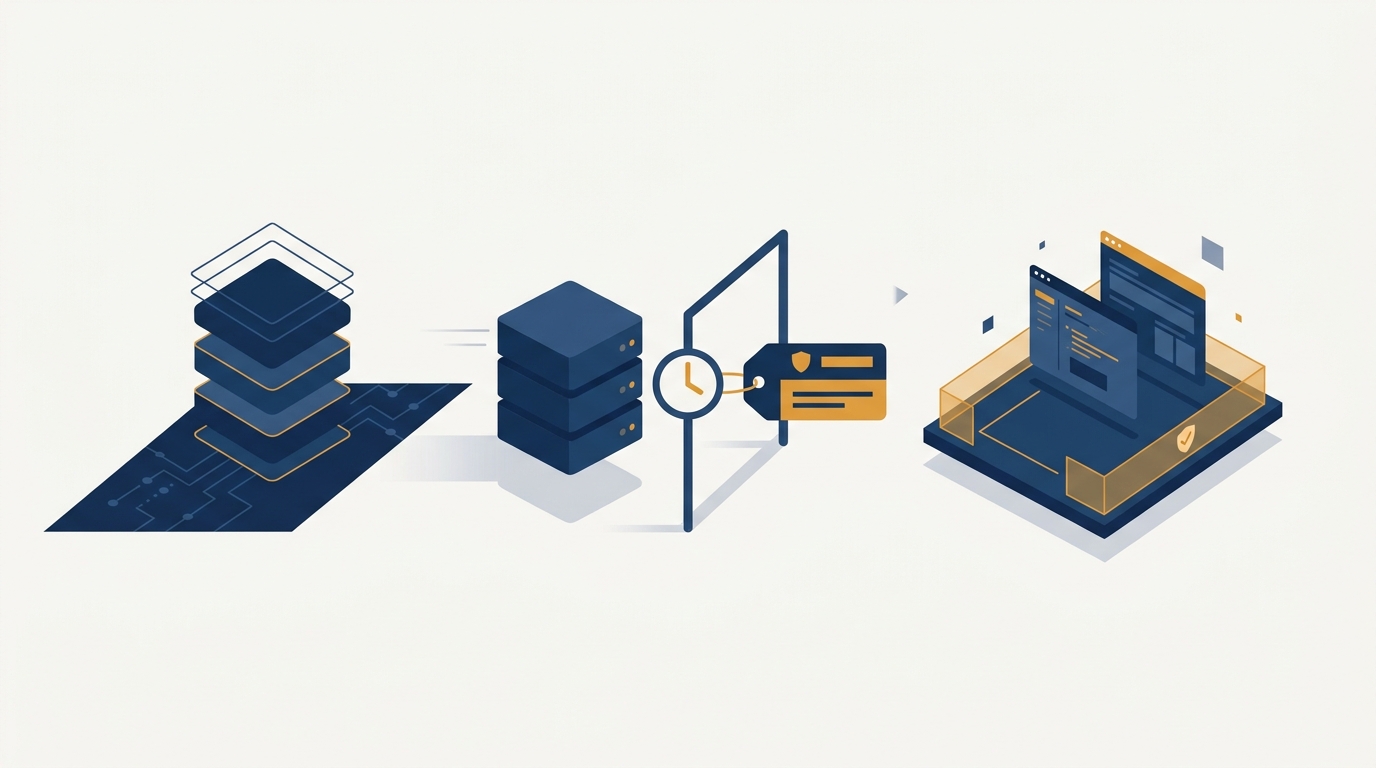 A database component moving into a customer demo environment through a time-limited license checkpoint, illustrating third-party demo and test licensing. Aber Law Firm.