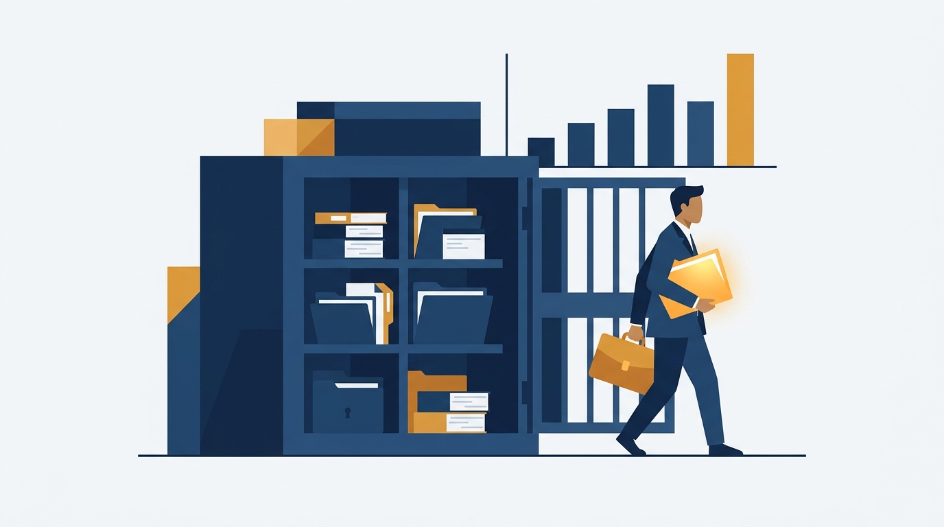 A vault of confidential documents with an insider carrying a file away and a statistics motif, illustrating a survey of trade secret cases. Aber Law Firm.