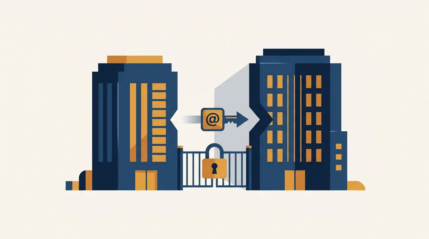 A software license passing between two merging companies through a locked gate, illustrating license transfer in a reorganization. Aber Law Firm, SaaS vendor attorney.
