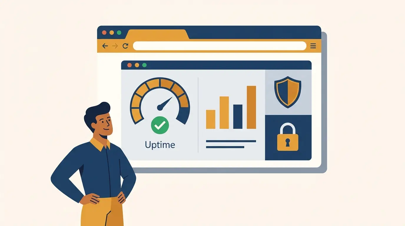 A public trust-site dashboard showing an uptime gauge, security shield, and privacy lock viewed by a customer, illustrating a SaaS trust site. Aber Law Firm.
