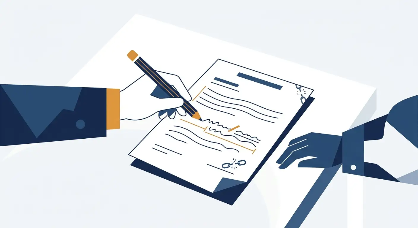 A contract clause being rewritten under a sole-discretion change term, illustrating illusory unilateral contract changes. Aber Law Firm, SaaS vendor attorney.