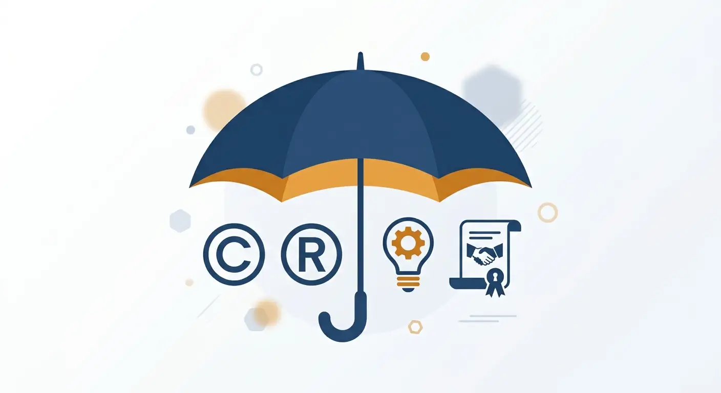 An umbrella over copyright, trademark, patent, and trade-secret icons, illustrating the four bodies of intellectual property law. Aber Law Firm, SaaS vendor attorney.