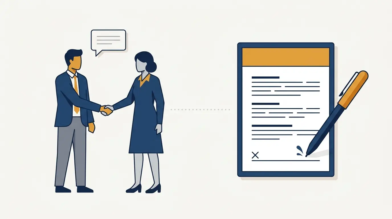 Two people shaking hands beside an unsigned contract with a pen, illustrating that a software deal is not done until a written agreement is signed. Aber Law Firm, SaaS vendor attorney.