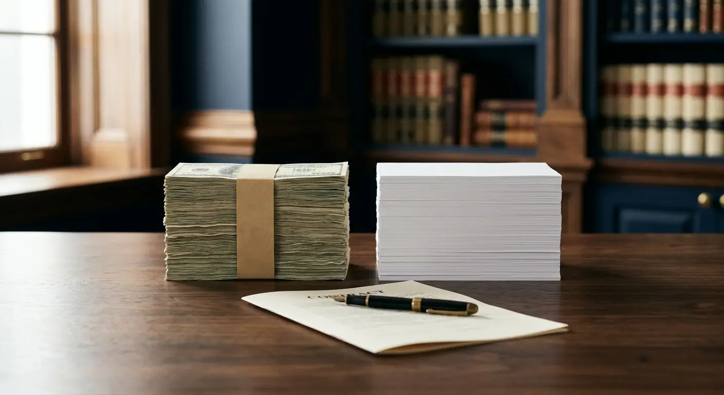 Limitation of liability clause outcomes: a banded stack of cash beside an identical stack of blank paper, Aber Law Firm