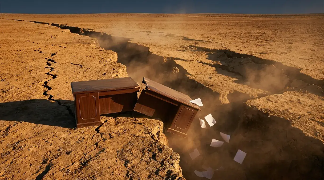 Reverse engineering liability: the ground has shifted, an earthquake fissure splitting an executive desk as contract pages fall into the gap, Aber Law Firm