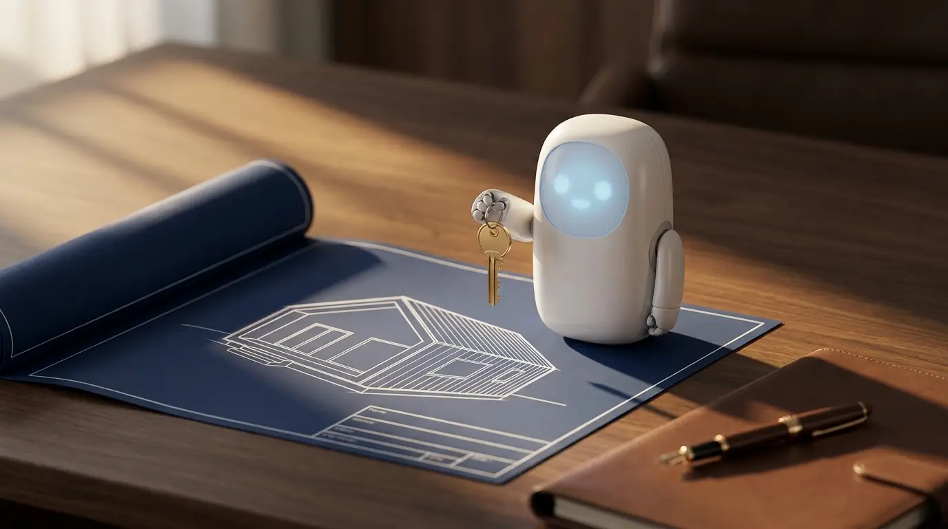 SaaS agreement lawyer on AI agent ownership: a small white robot holding a brass key over a house blueprint, Aber Law Firm